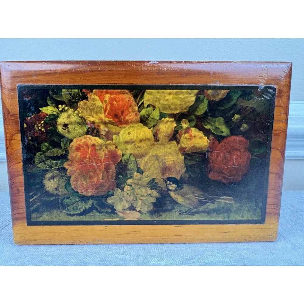 Vintage Cedar Wood Jewelry Box Floral Bird Lithograph Finger Jointed Chest